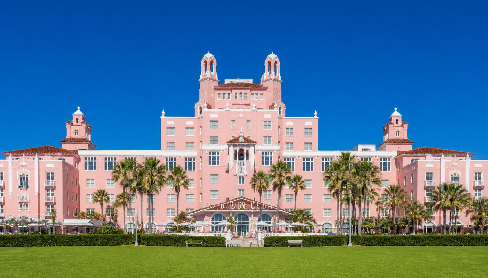 Aerial view of The Don Cesar hotel at sunset